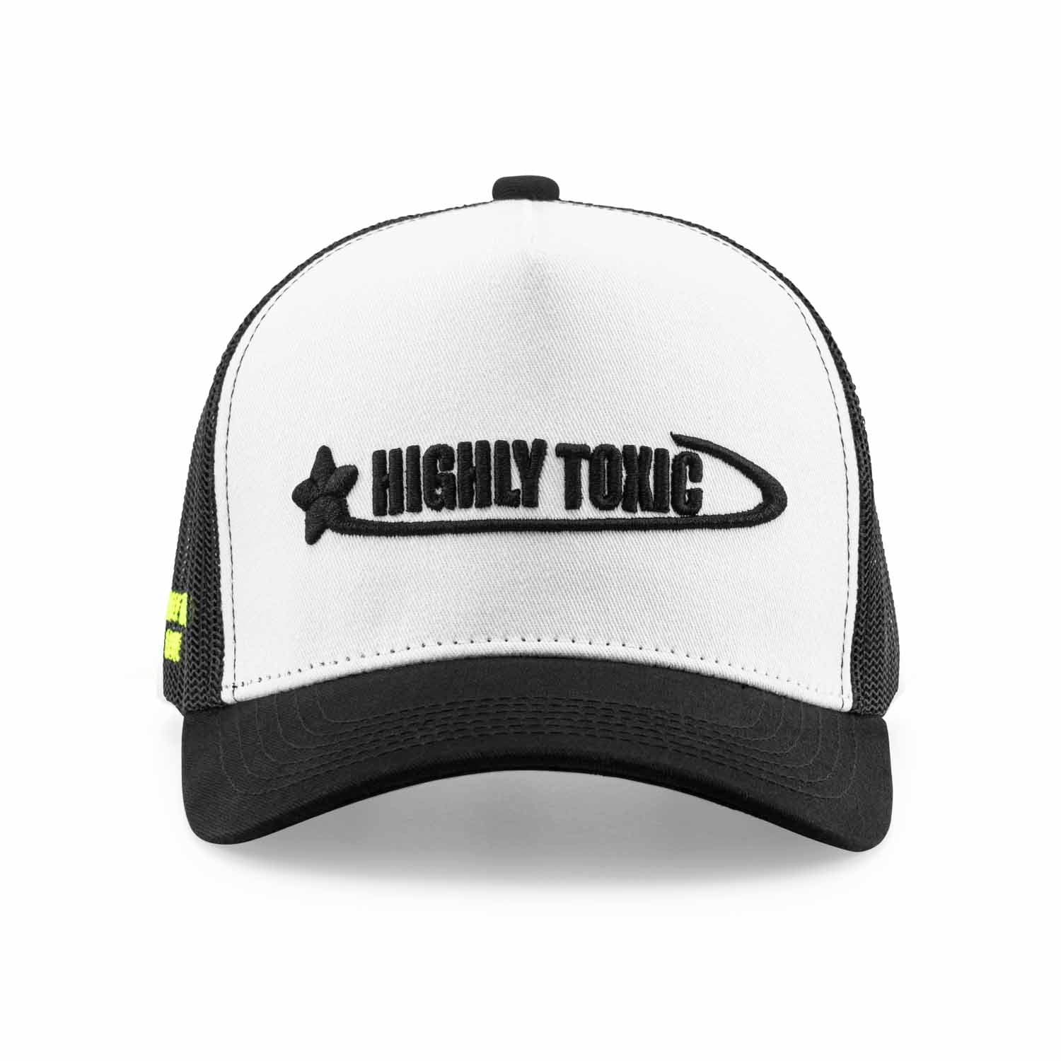 White and black cap with 'Highly Toxic' logo on a white background
