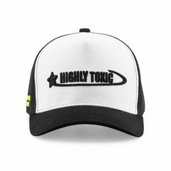 White and black cap with 'Highly Toxic' logo on a white background