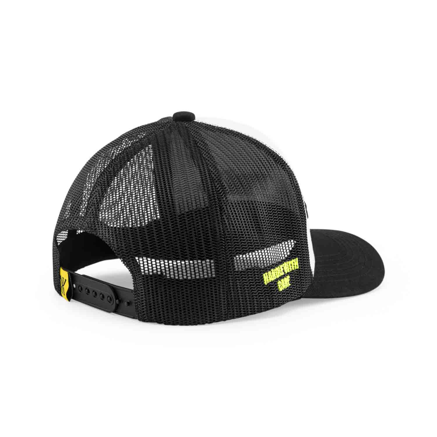 Black mesh cap with visible branding on a white background